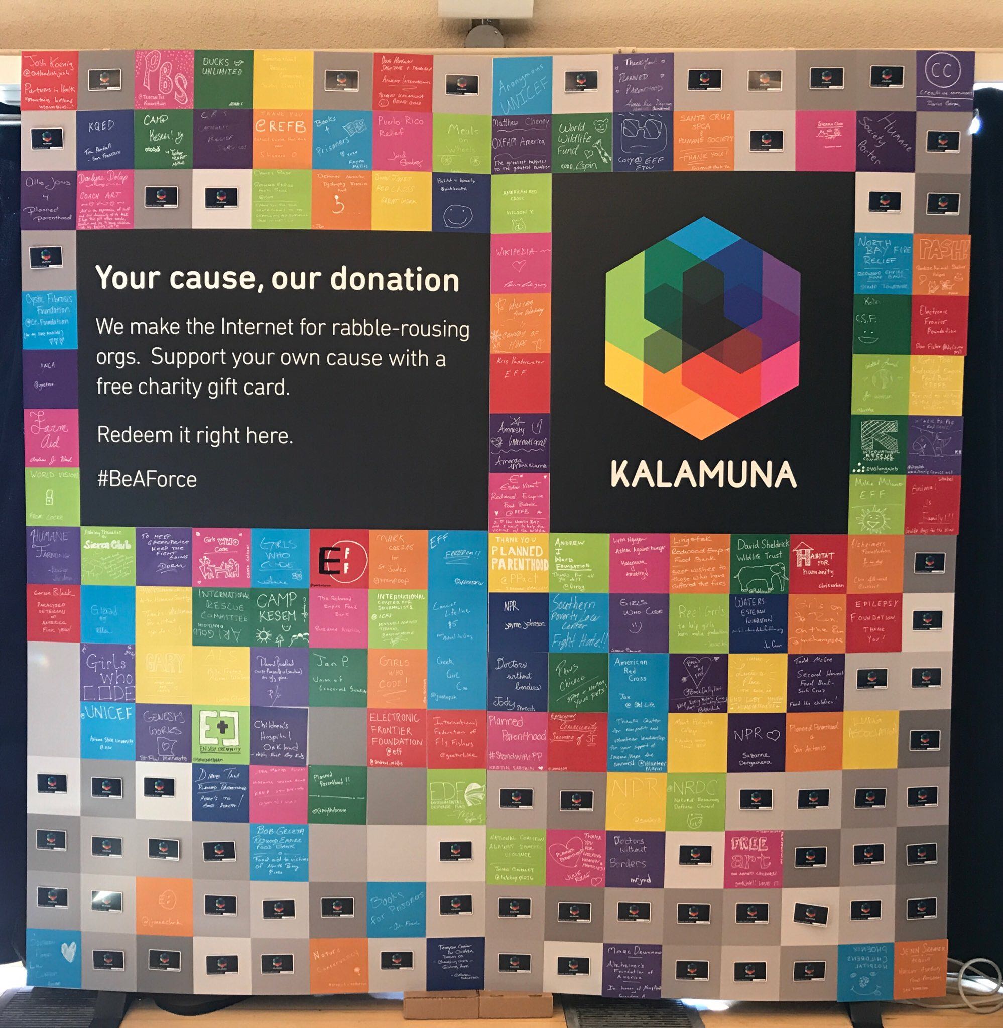 Kalamuna's 2017 donation wall with rainbow colour squares with white text of different organizations folks want to donate to.