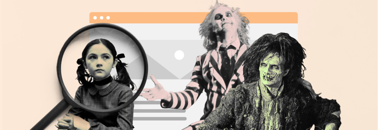 A website landing page graphic with three iconic characters displayed - The Orphan from Orphan Black, the Zombie from Hocus Pocus, and the ghost, Beetlejuice 