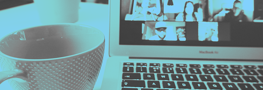 Image of a coffee cup next to a Macbook that has a virtual meeting on the screen. Blue overlay to the image. 