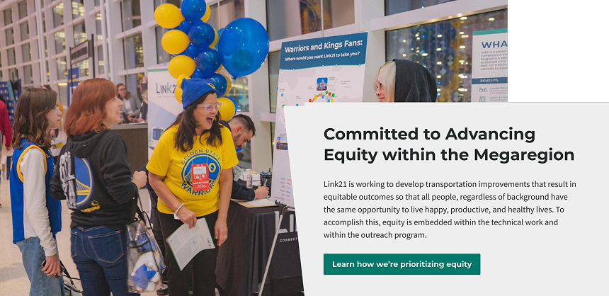 One of the components on the site with a large image and an overlapping text block with the text Committed to Advancing Equity within the Megaregion