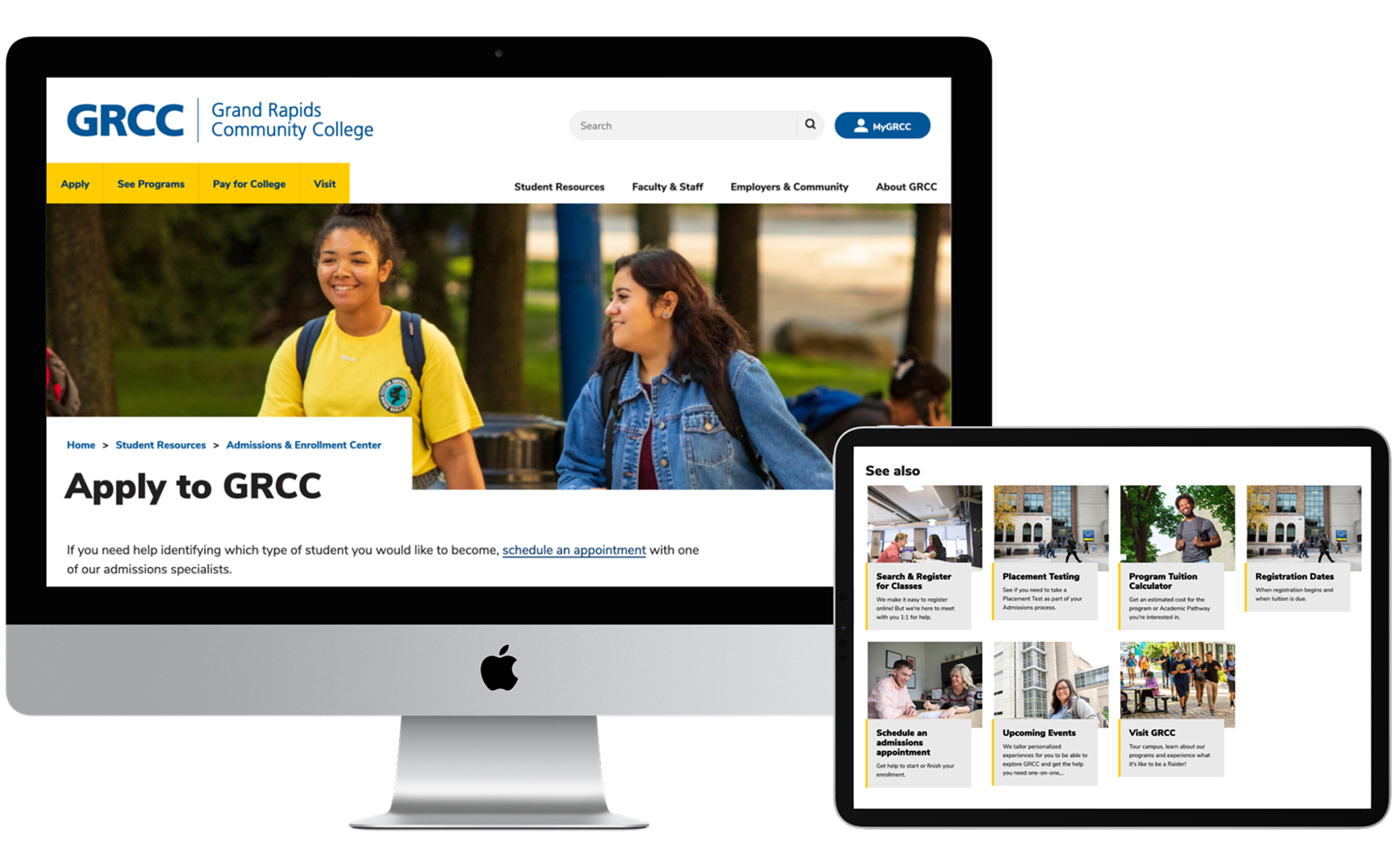 Mockups of the GRCC website on a Mac and iPad
