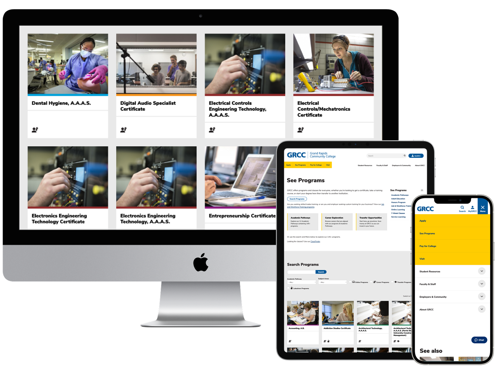 Mockups of the GRCC website on a Mac, iPad and iPhone devices