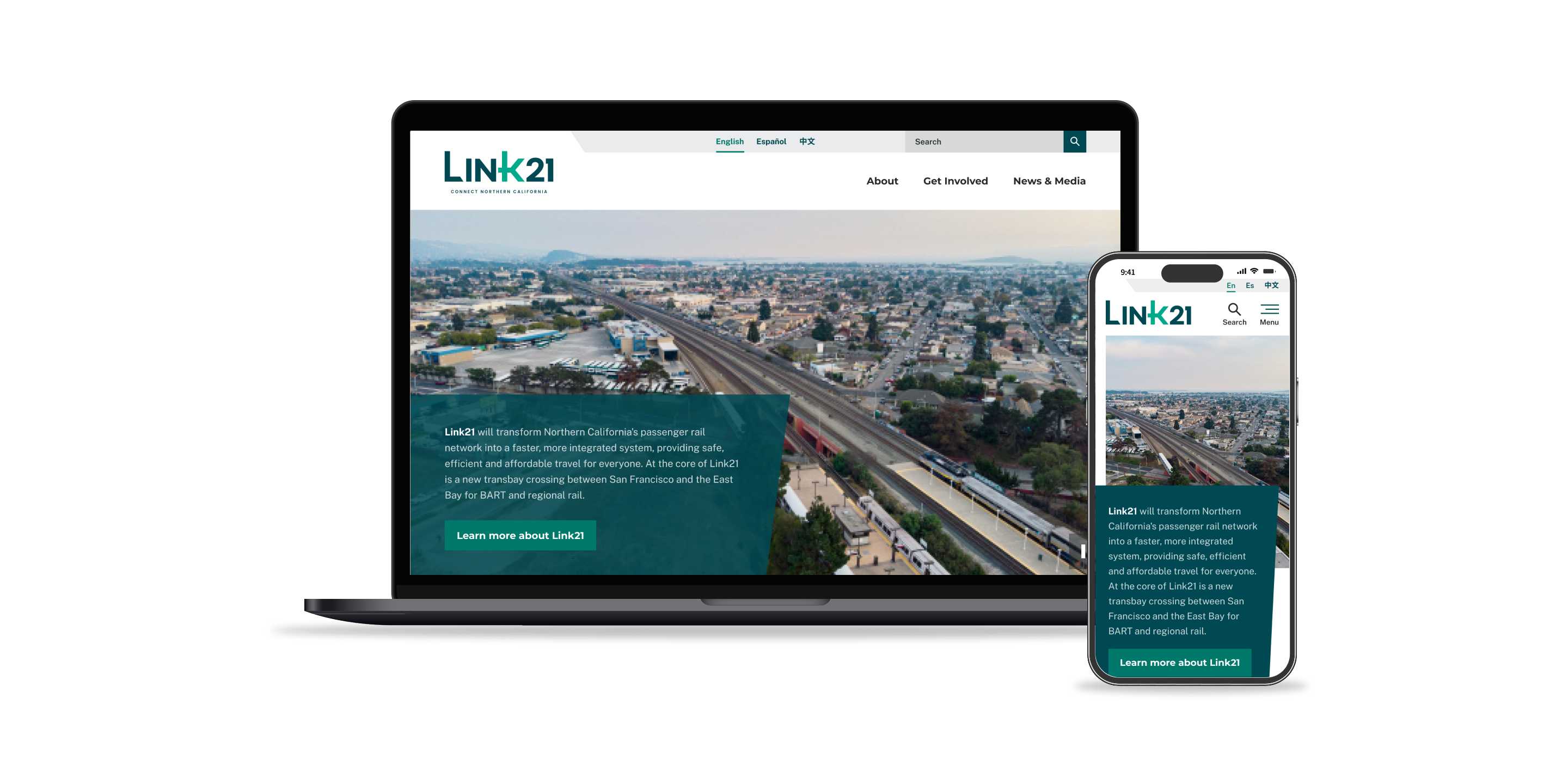 Mockups of the Link21 website on laptop and mobile devices