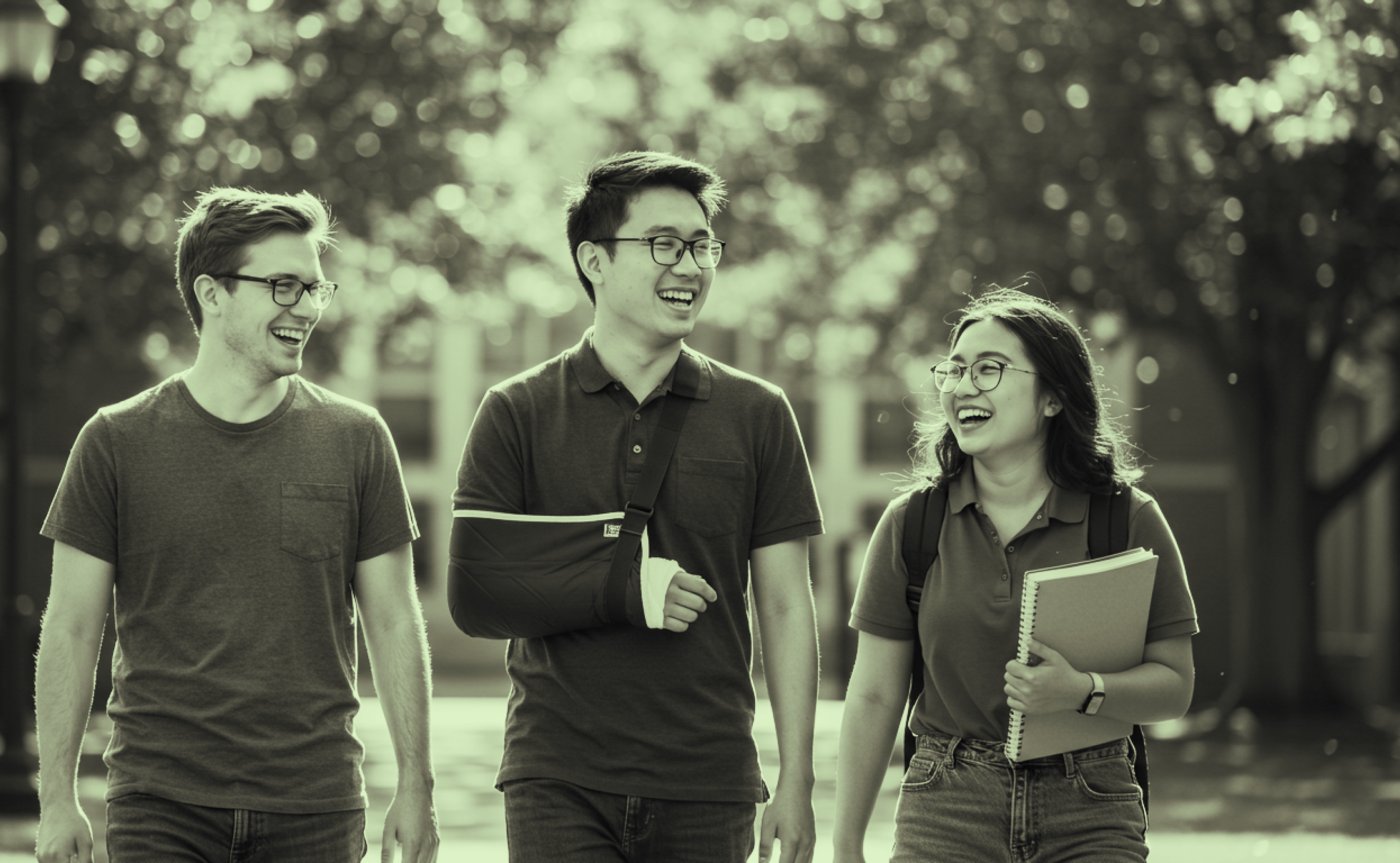 Three students walking and laughing together, one white man with glasses, one Asian man with a sling and glasses, and an Asian women with glasses smiling holding a book. Green hue overlay. 