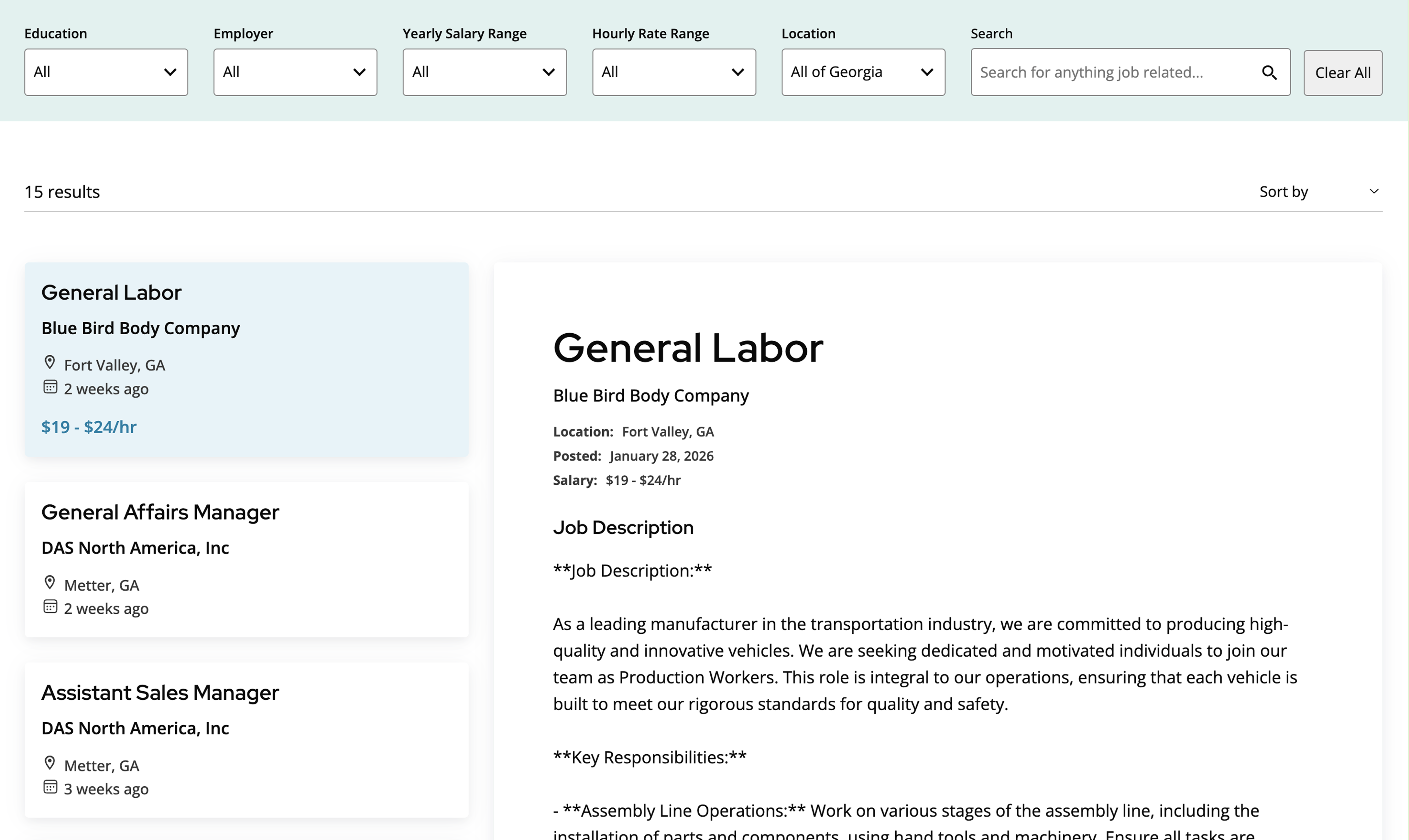 The Job Listings search page on the TCSG website.
