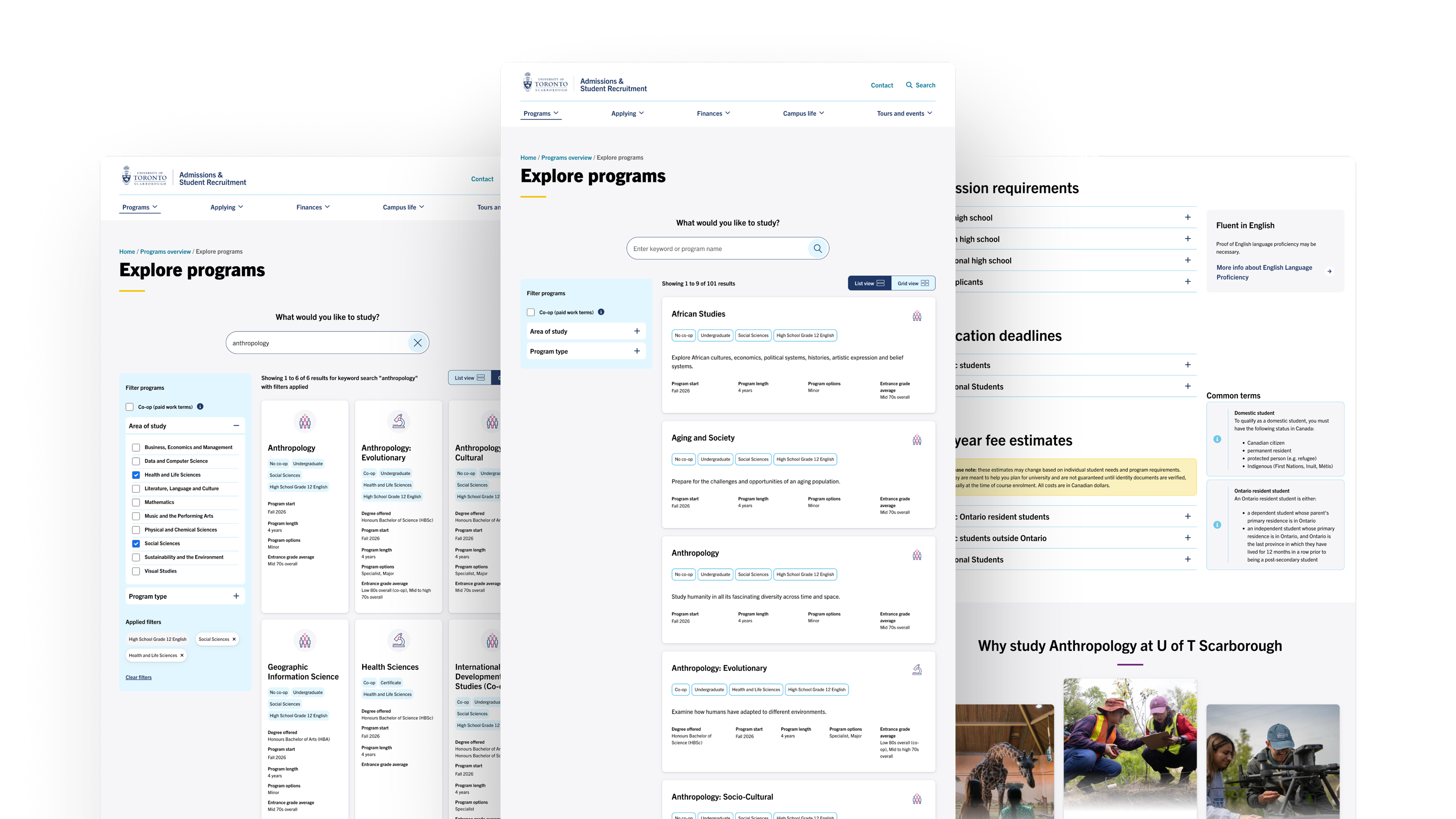 Three design pages of the UTSC website displayed side by side.