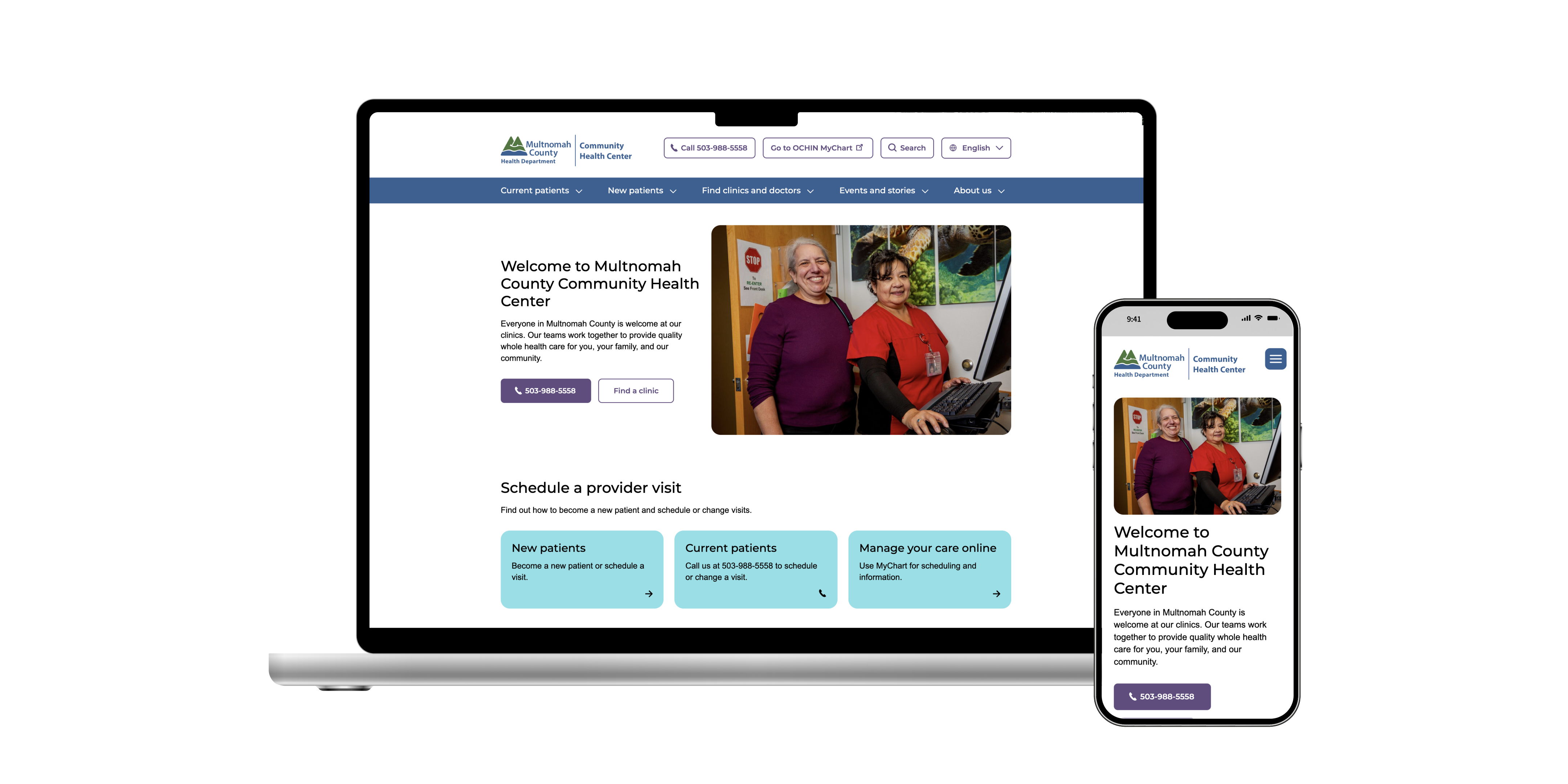 Multnomah Health website on a laptop screen and a mobile device.