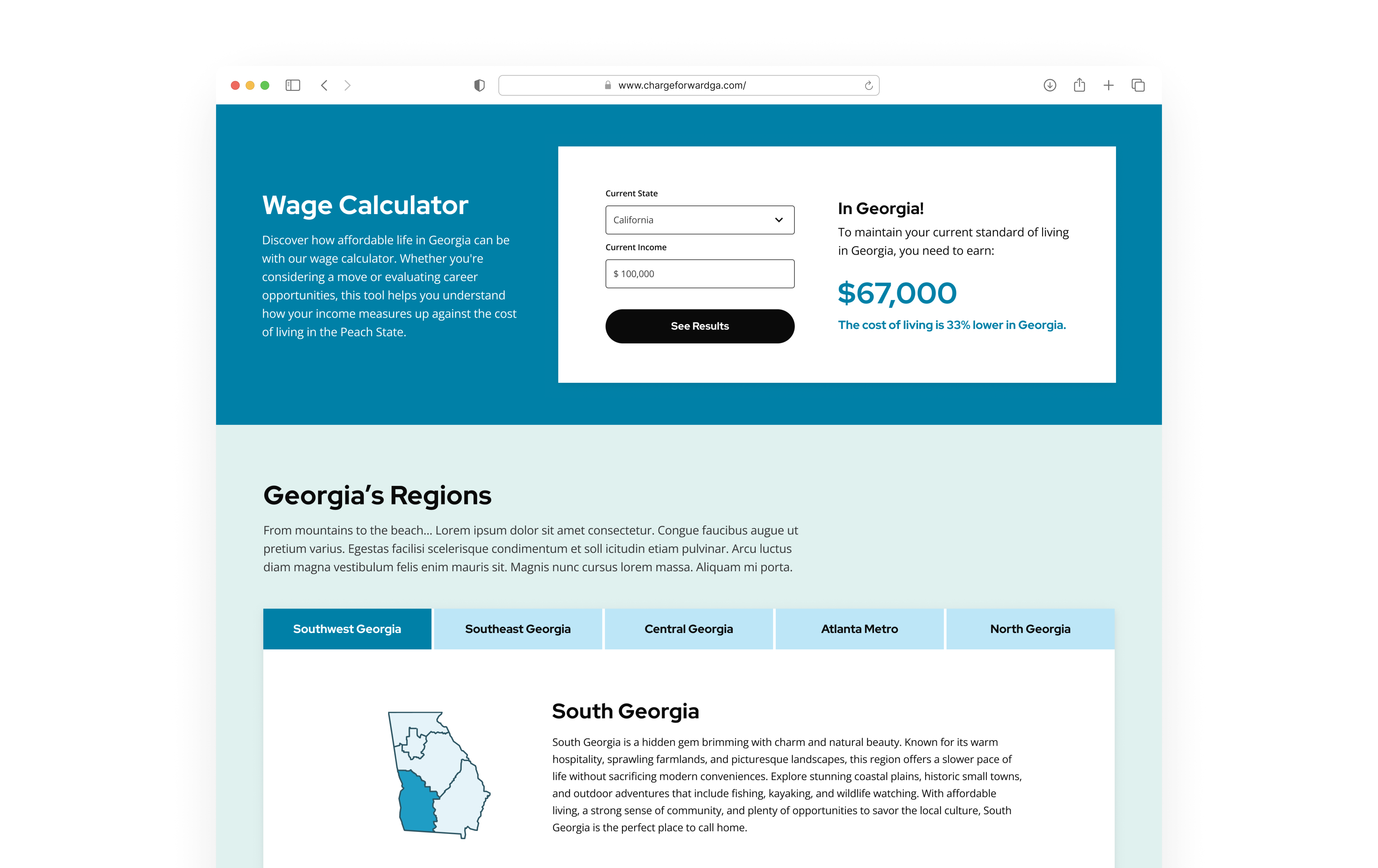 A page of the TCSG website showing the Wage Calculator and Georgia's Regions tabs.