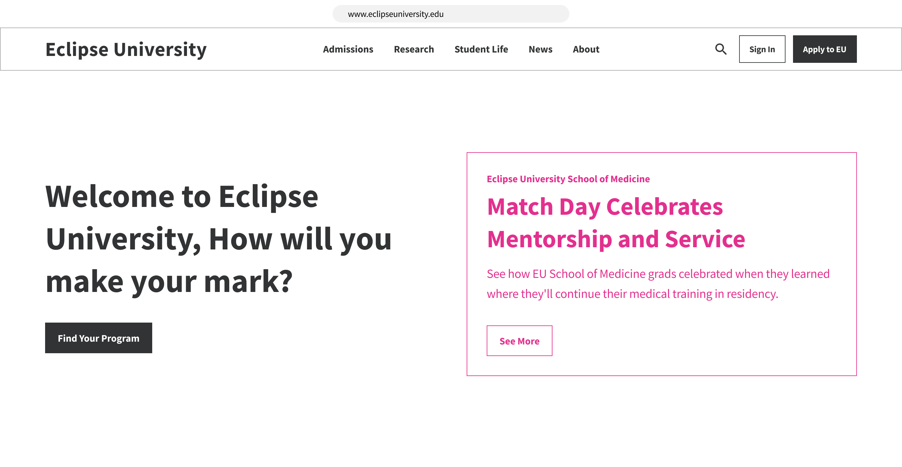 A wireframe of Eclipse University, showing content personalized to those researching medical schools.