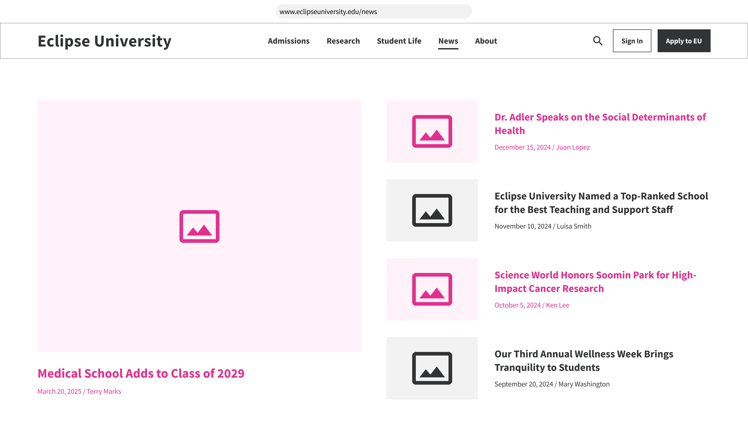 A wireframe of the 'News' page of Eclipse University, highlighting posts specifically from the school of medicine.