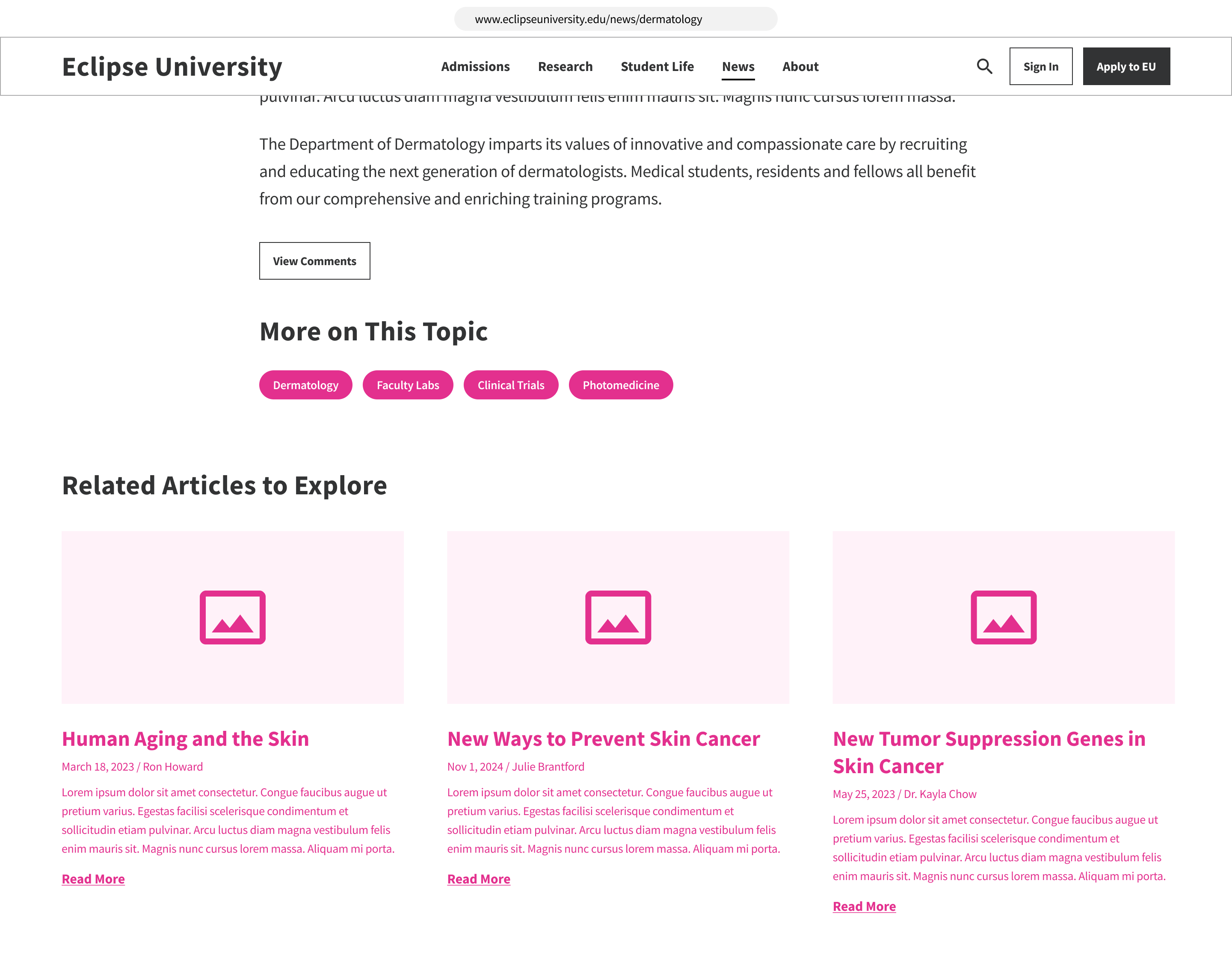 A wireframe of a news article, highlighting similar categories and related articles.