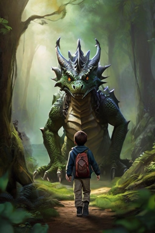 A green spiky dragon faces us, looming over a small boy in a mystical wilderness.