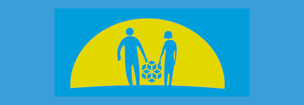 Illustration of two people holding a geometric shape between them walking into sunset