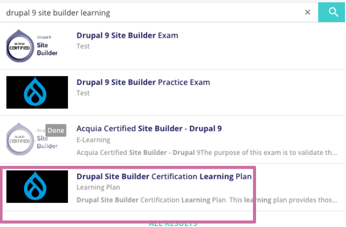 Screenshot of the Drupal Site Builder Certification options with a pink square around the title "Drupal Site Builder Certification Learning Plan" 