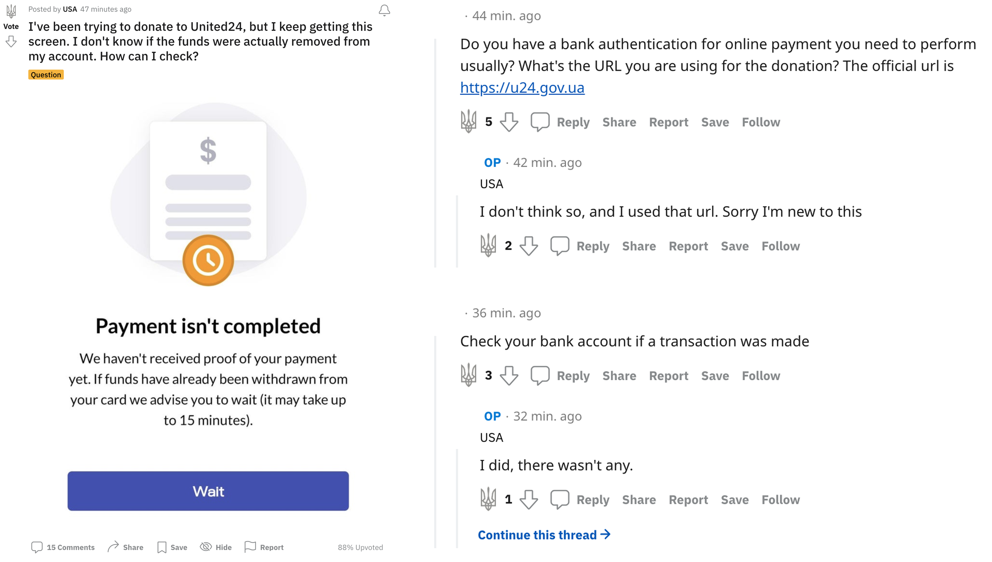 Screenshot of a Reddit thread where the user is unsure if their funds went through after making a donation.