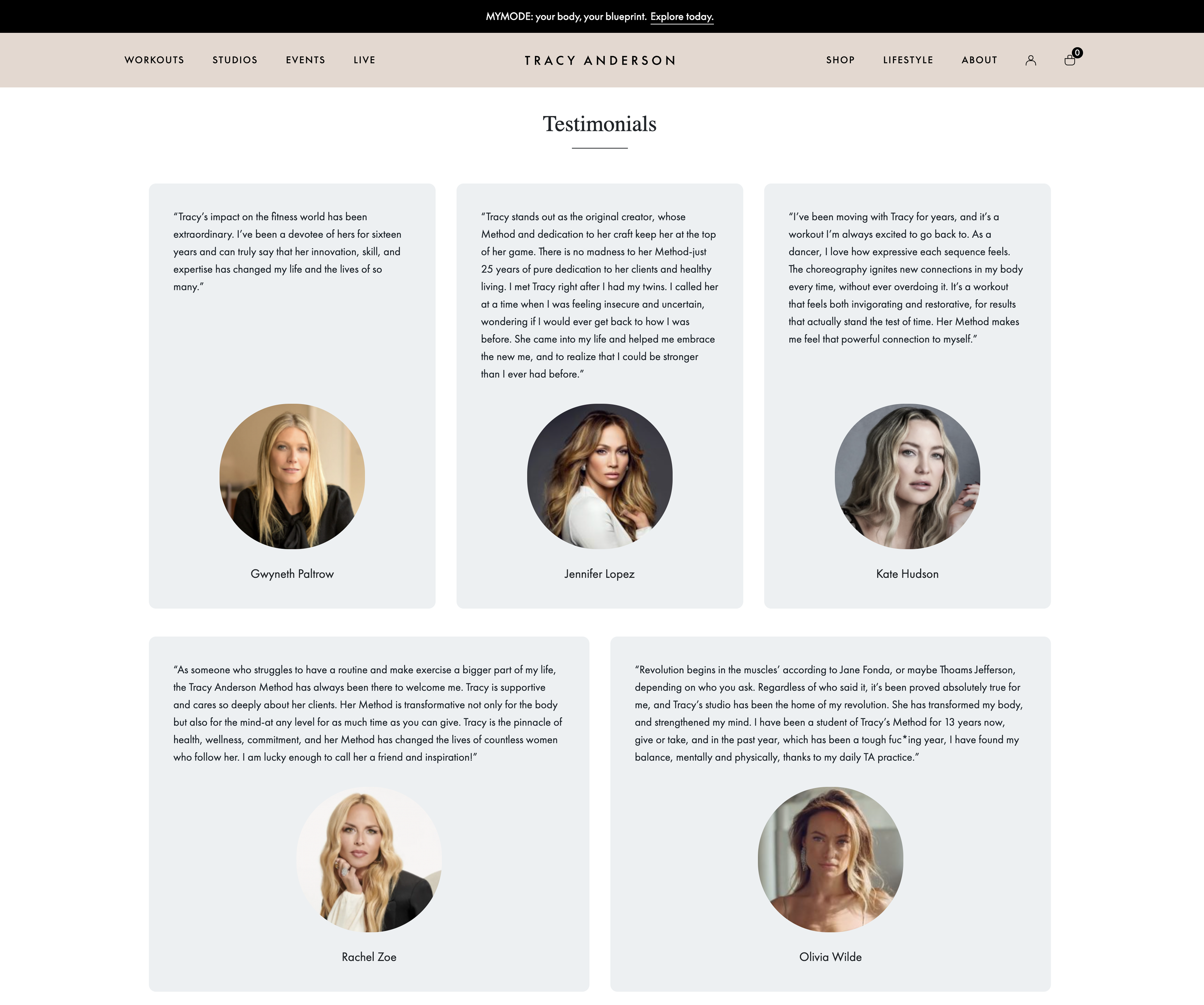 Screenshot of a testimonials page for a fitness program. Testimonials are from female celebrities, including Gwyneth Paltrow, Jennifer Lopez, Kate Hudson, Rachel Zoe, and Olivia Wilde.