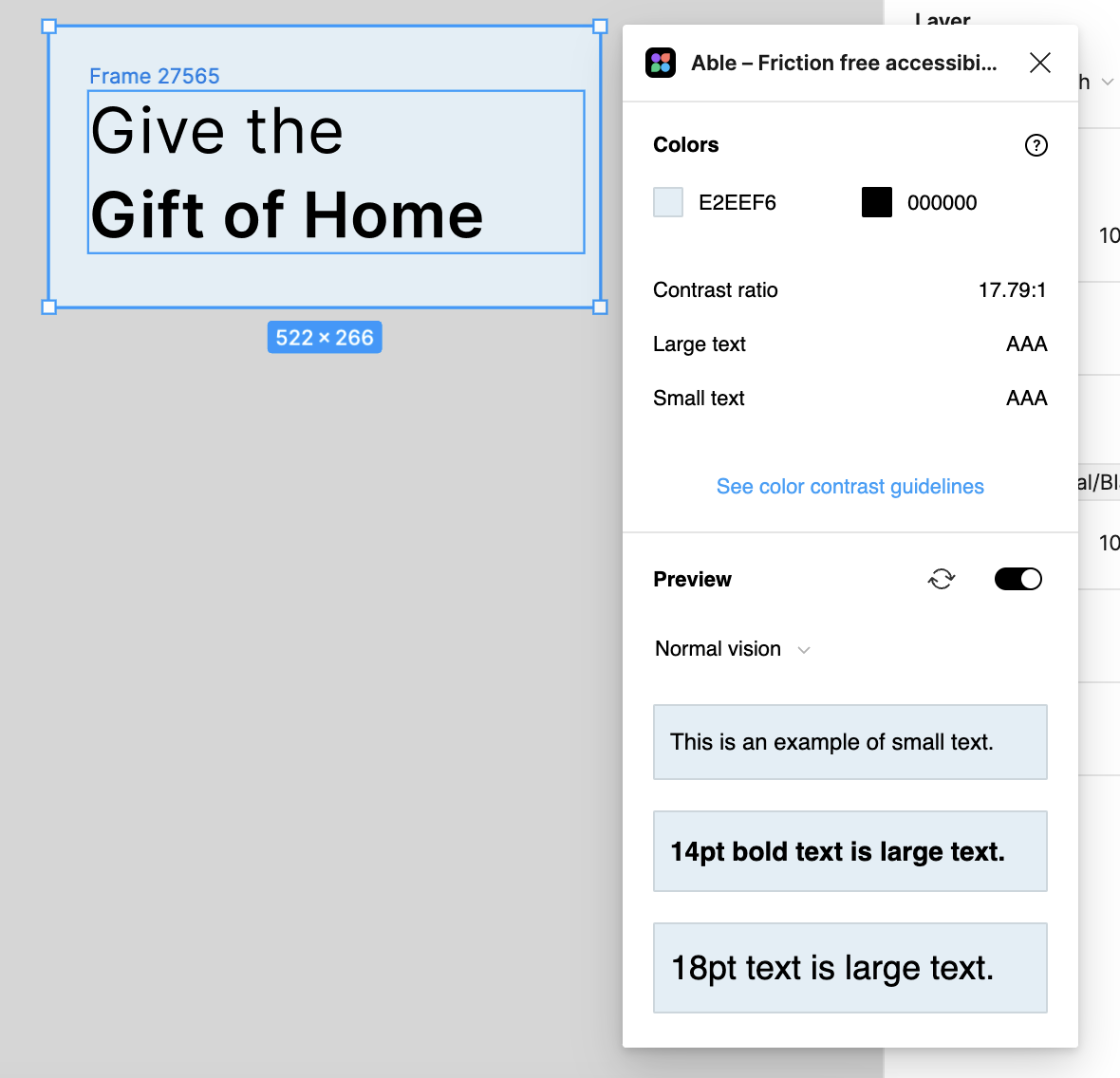 Screenshot of the Frame with the text "Give the Gift of Home" with a pop-up text box stating the colors used and the contrast ratio.