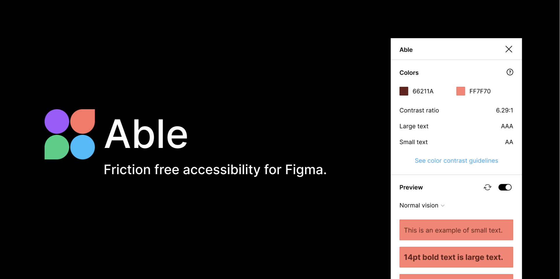 A screenshot of the website Able with the tagline "friction free accessibility for Figma" there is an pop-up box stating the colors and contrast ration, and previews the background and text color.