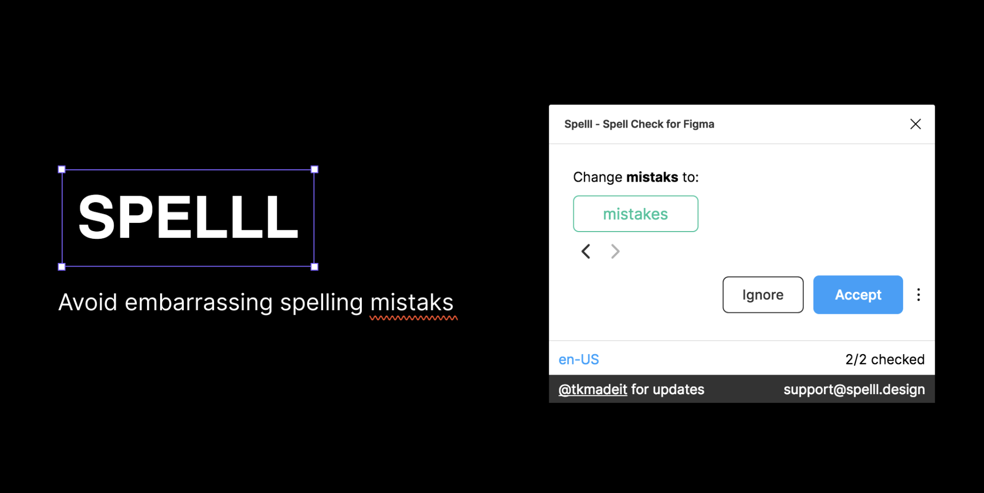 Screenshot of the Spelll tool with the text "Avoid embarrassing spelling mistaks" with a pop-up window with a Spell Check for Figma