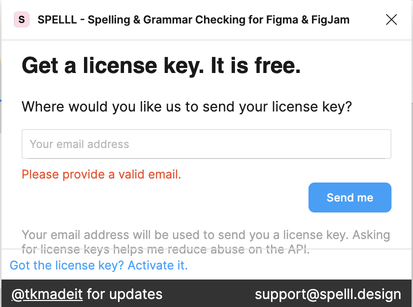 The Spell App requires a license key to utilize, this is a screenshot of the textbox to enter in your email address.