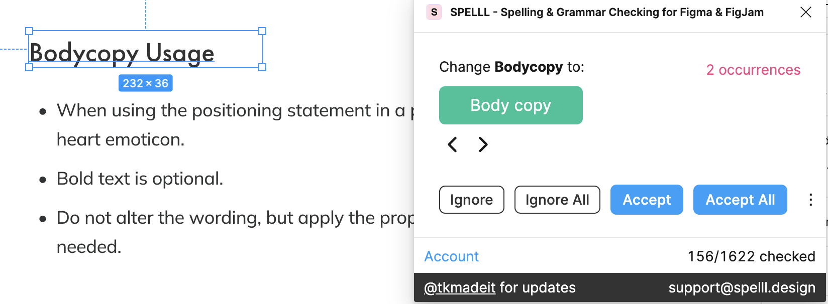 Pop-up textbox demonstrating the use case of Spelll with a pop-up window correcting the word Bodycopy. 