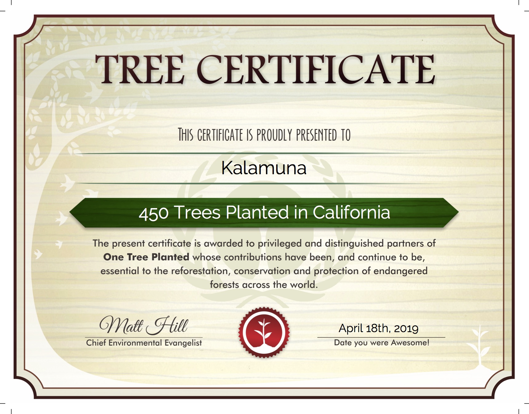 A digital certificate from OneTree Planted verifying our 450 trees