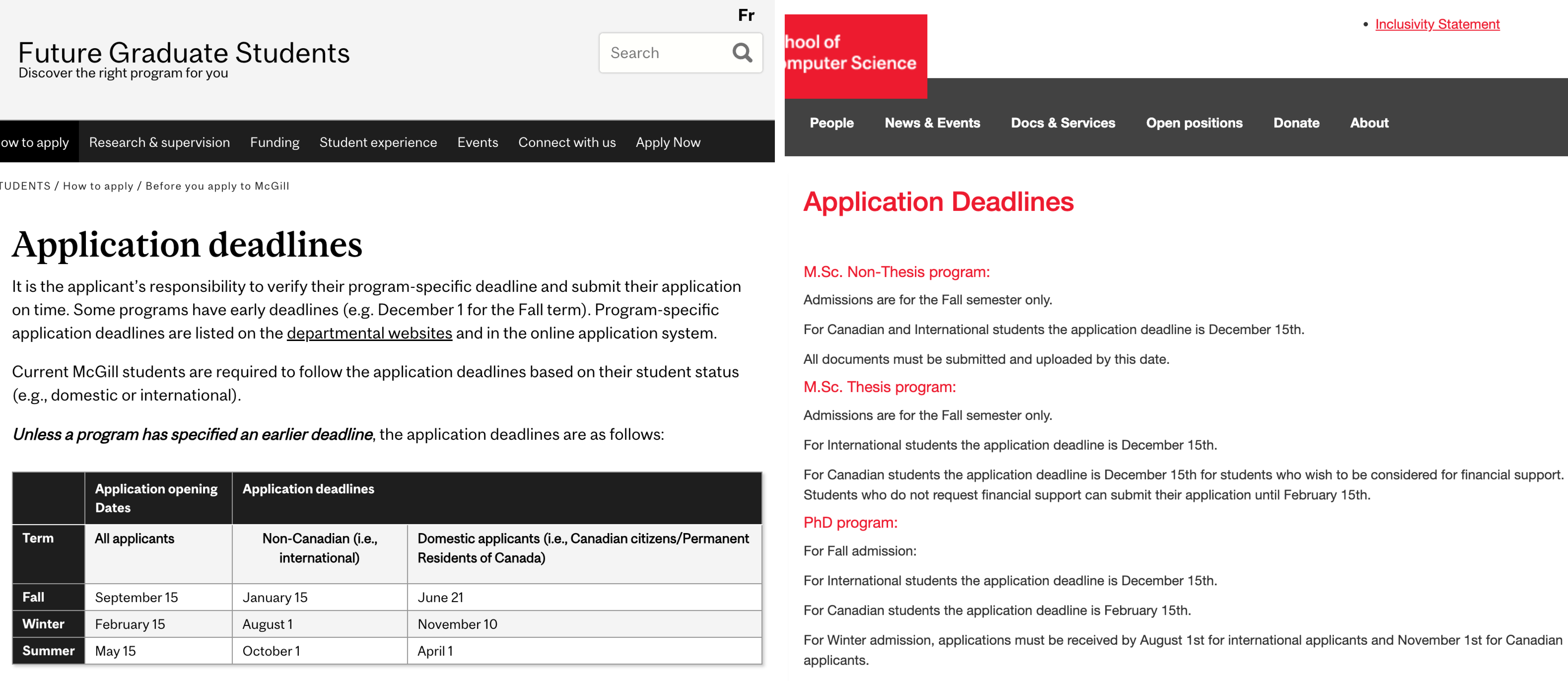 Screenshot of two pages, side by side, of application deadline information for a university.
