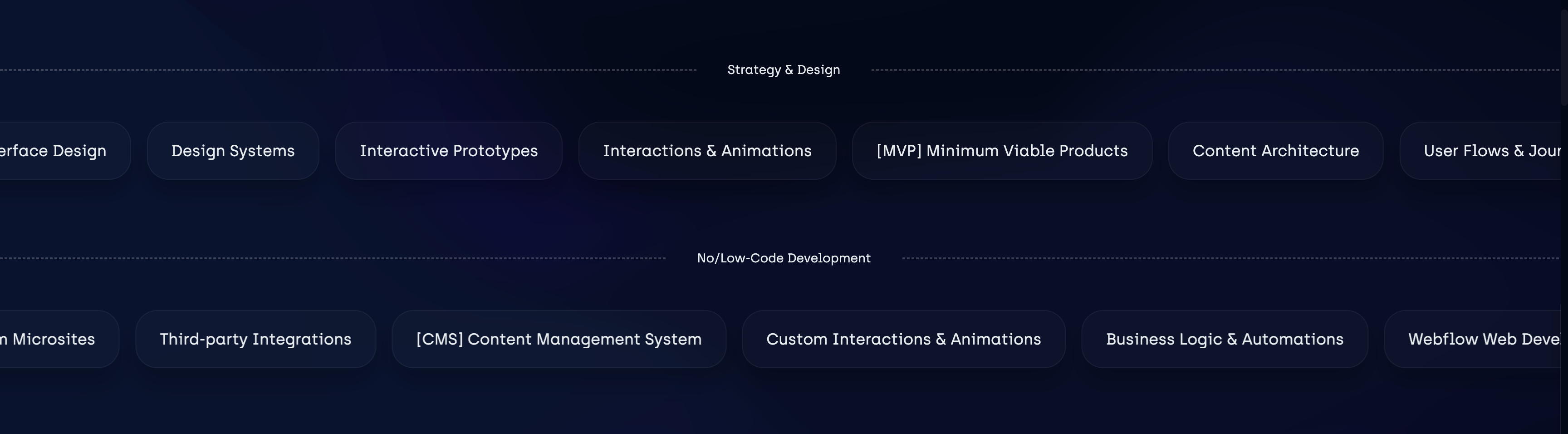 Screenshot of a row of strategy and design terms side by side, with a row below of development terms side by side. 