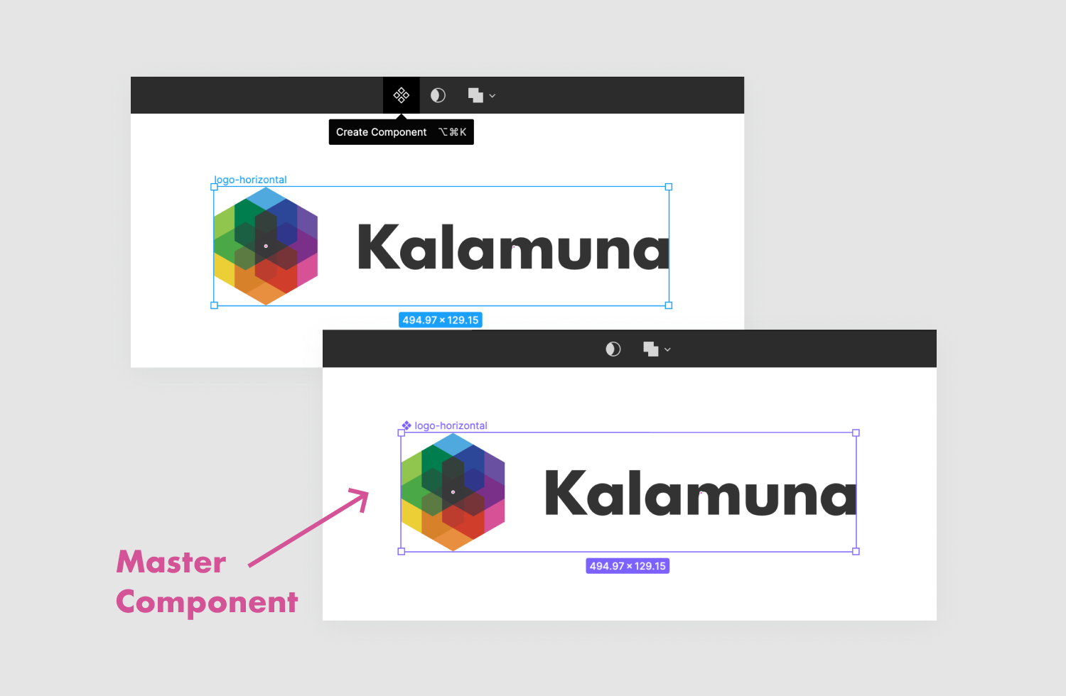 Screenshots of creating a component in Figma using Kalamuna's logo as an example.