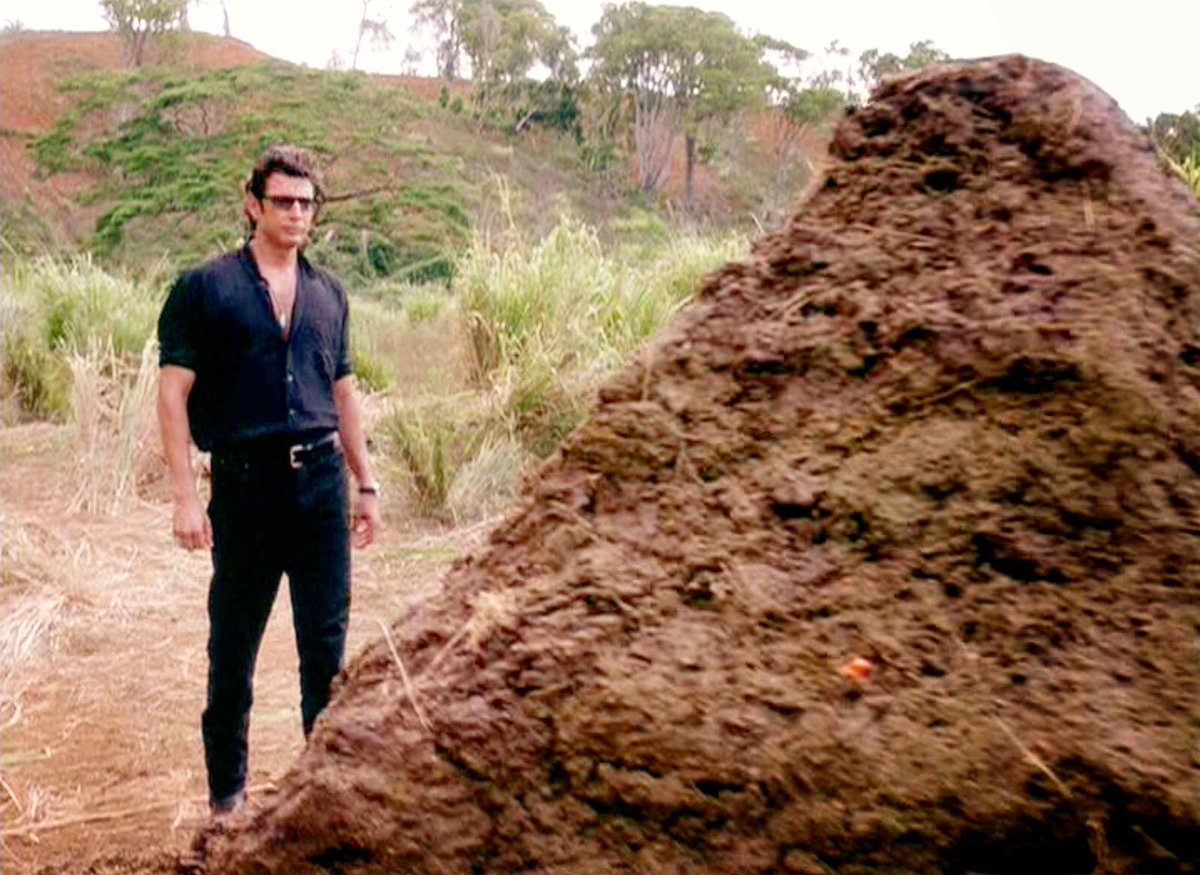 Jeff Goldblum stares at a giant mound of dinosaur droppings