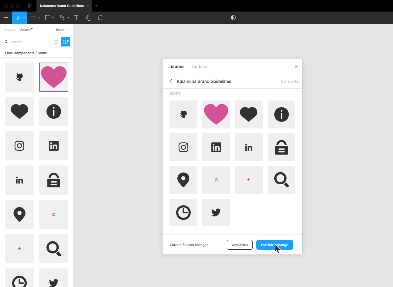 Examples of different Components like a pink heart, social media icons like LinkedIn and Instagram published to the Kalamuna Team Library.