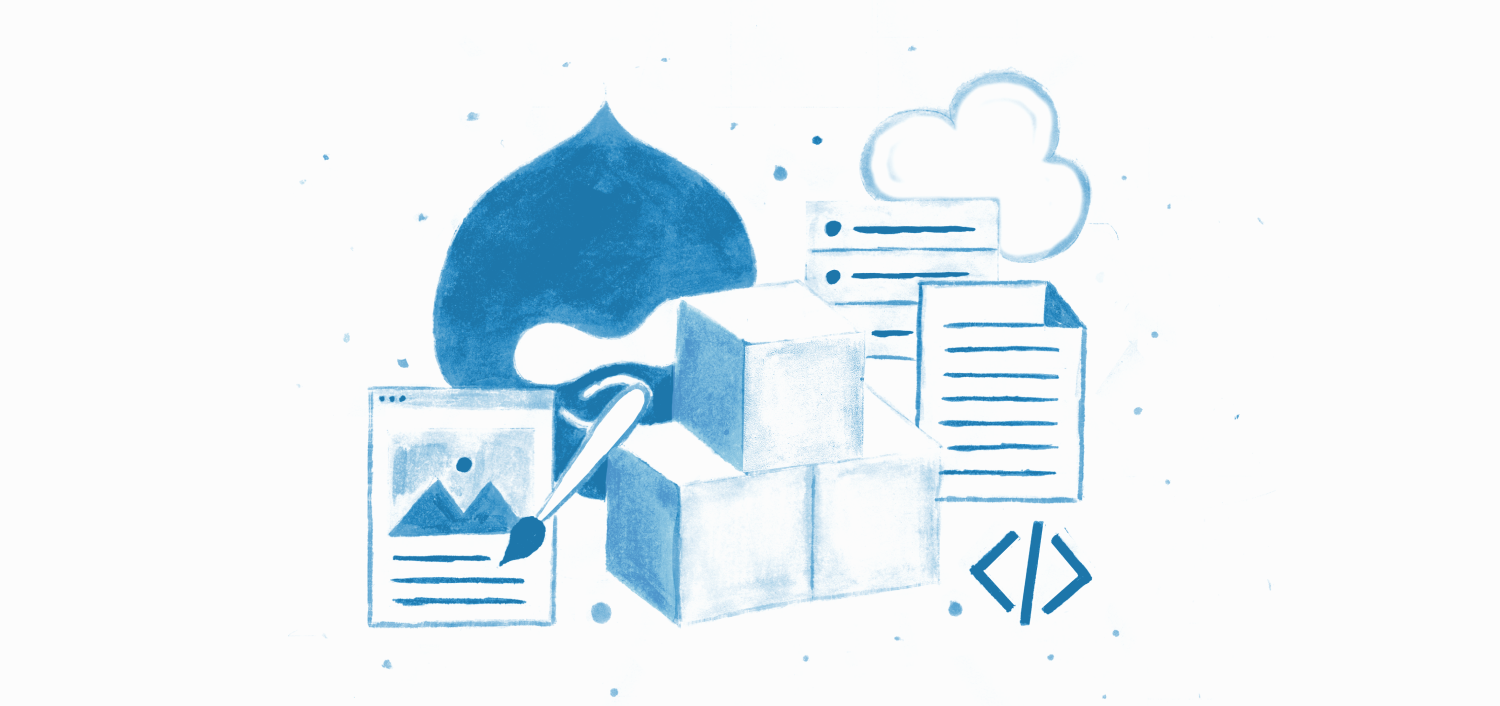 A frustrated Drupal symbol (a rain drop) with website pages and stacked boxes. 