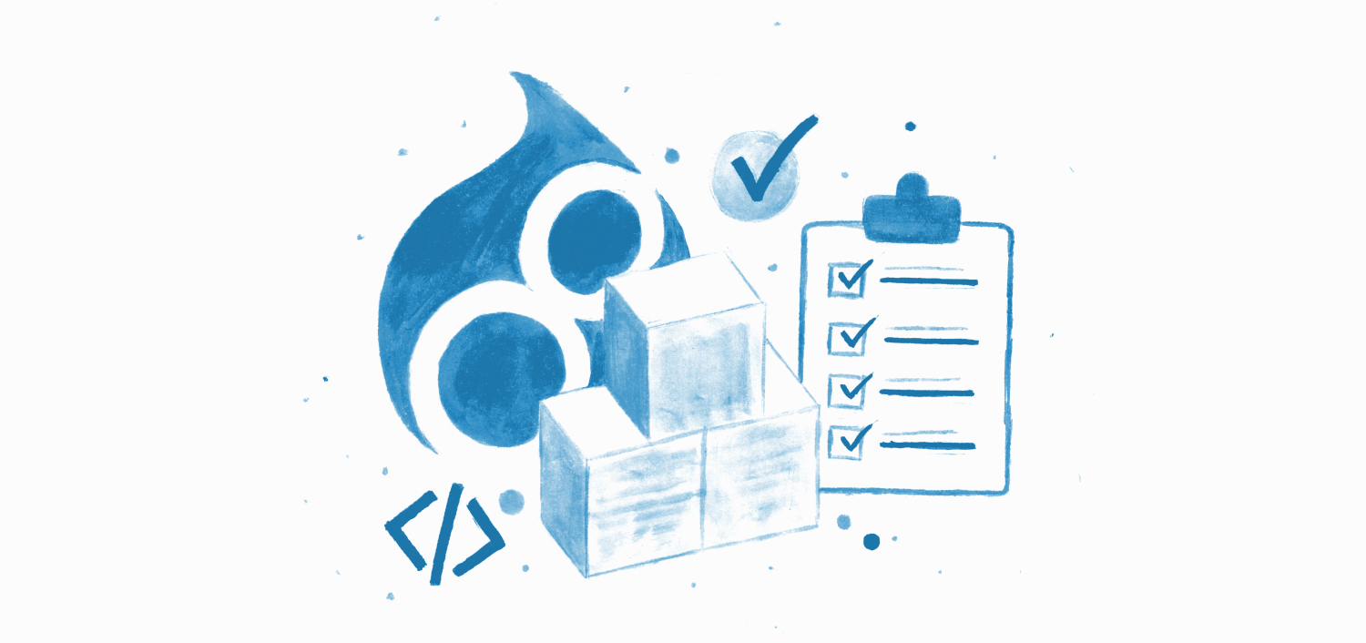 Illustration of Drupal 8 logo, checklist, code symbol and stacked boxes. 