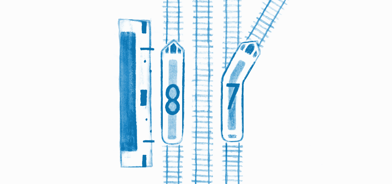 A blue illustration of a train with two tracks one representing Drupal 7 and Drupal 8. 