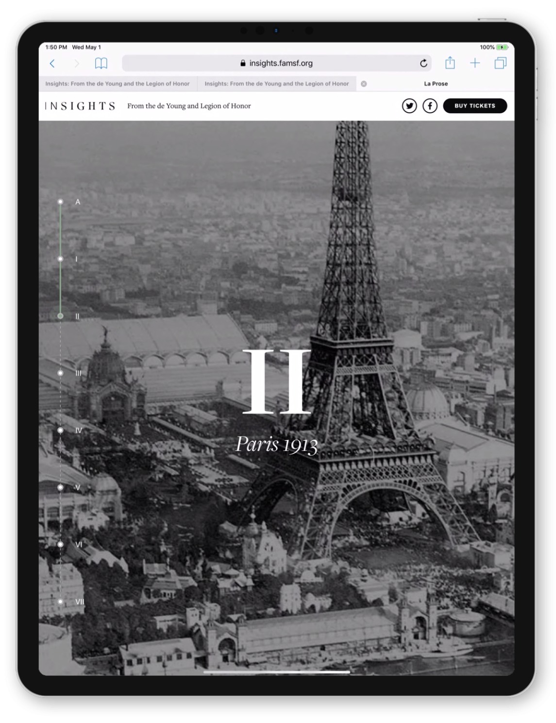Screenshot of the Insights website displaying the Eiffel Tower with a Paris 1913 title treatment.