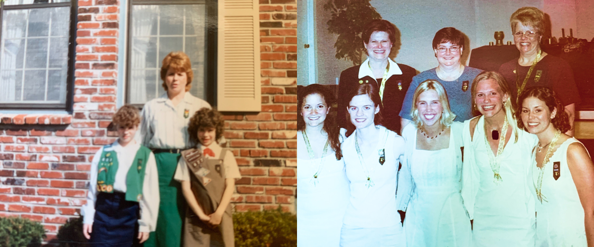 Kristin and fellow Girl Scouts as 5th graders, and again as young adults