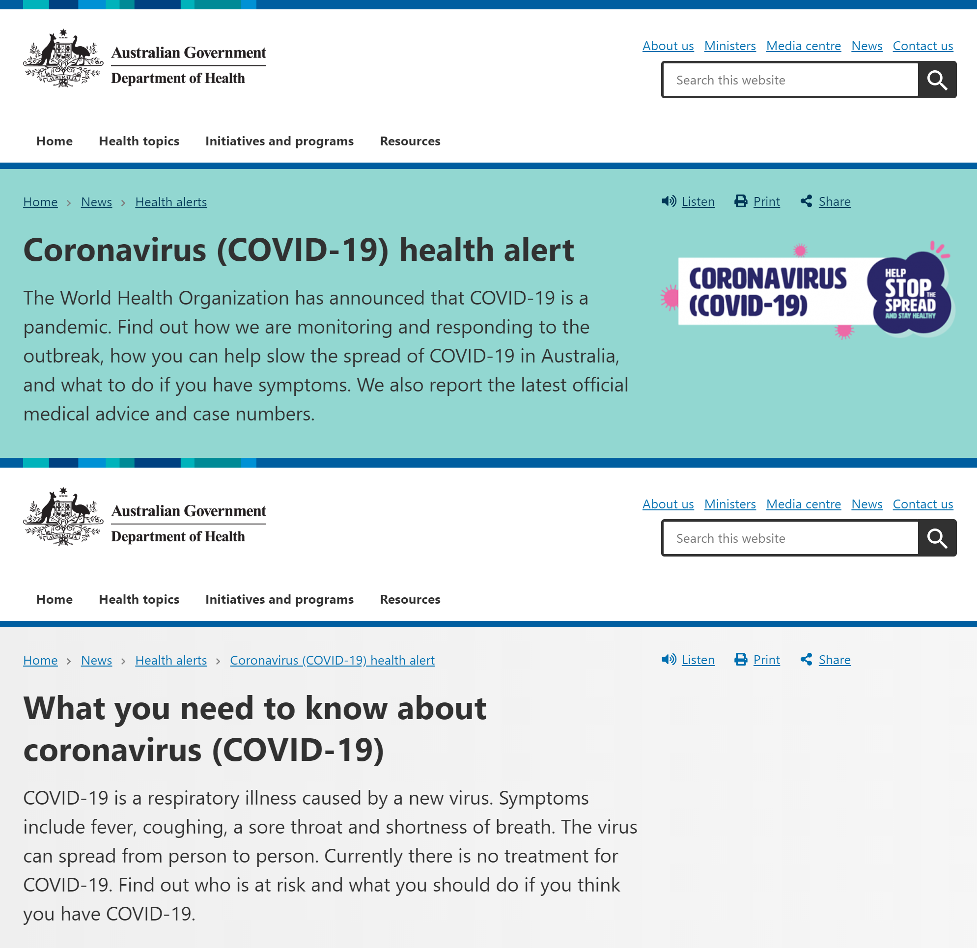 The Australian Department of Health provides a concise summary of the content on each page of their coronavirus alert section.