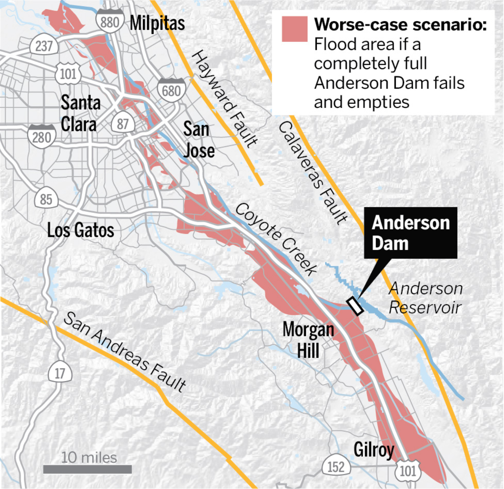 The Bay Area News Group made a helpful map showing which areas would have needed to be evacuated if the Anderson Dam had started failing.