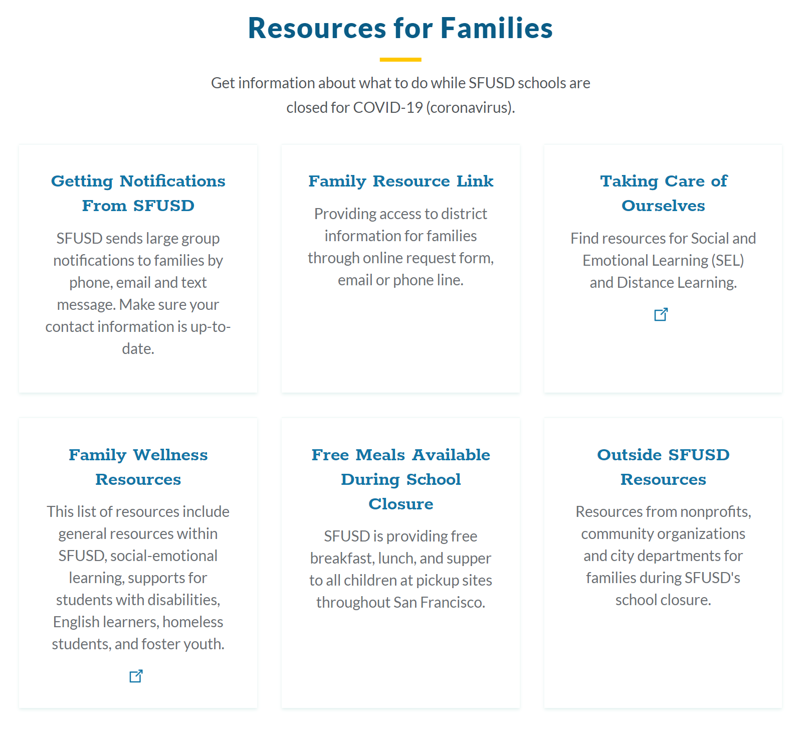 The San Francisco Unified School District provides a list of resources with links clearly-marked as external, both visually and for screen readers.