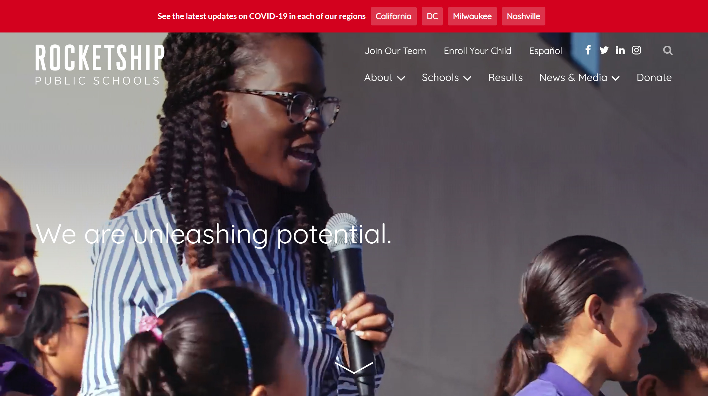 The Rocketship Public Schools banner (designed by Kalamuna) is a great example of how you can use multiple links to direct visitors to the resources that are most applicable to their needs.