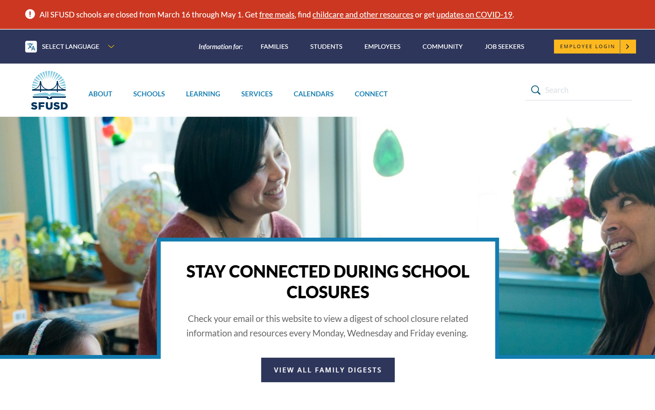 SFUSD is prominently displaying an alert message on all the pages of their website, featuring timely details and links to vital resources.