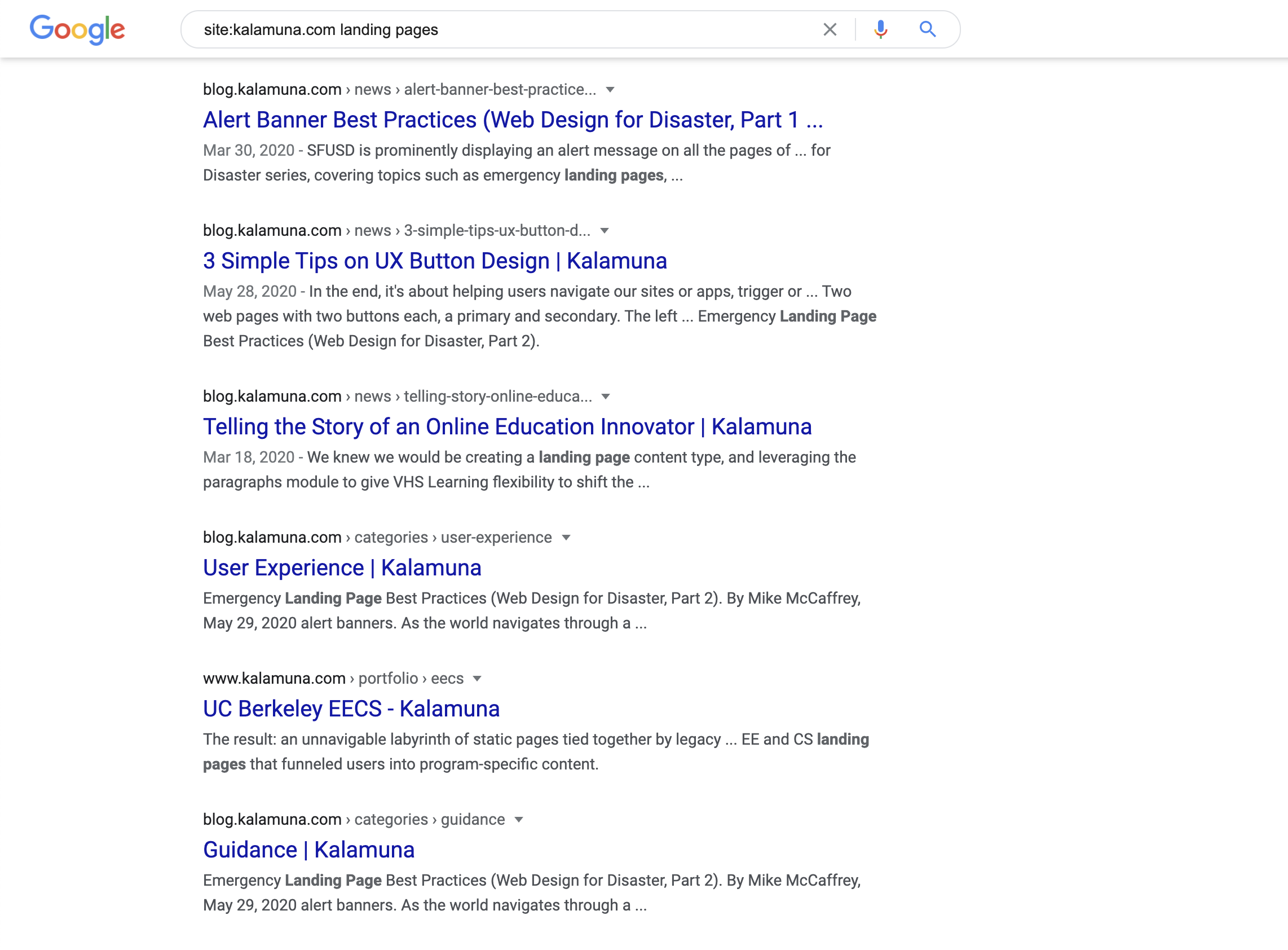 A screenshot of a Google search of site:kalamuna.com landing pages