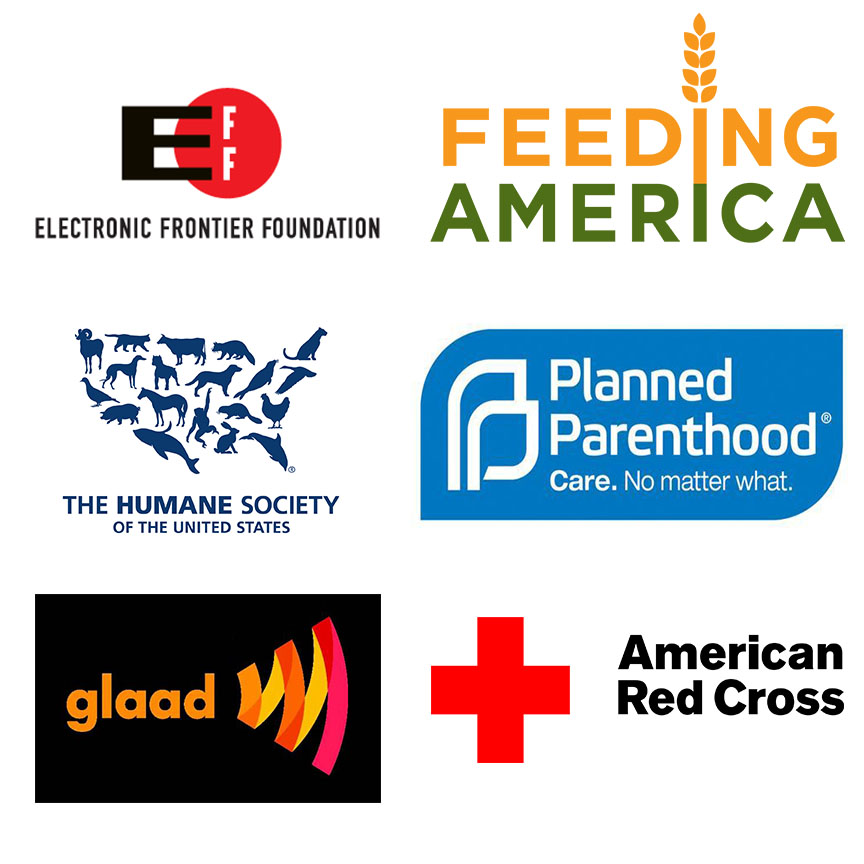 logos of some of our donation recipients: EFF, the Red Cross, GLAAD, the Humane Society, Planned Parenthood, and Feeding America