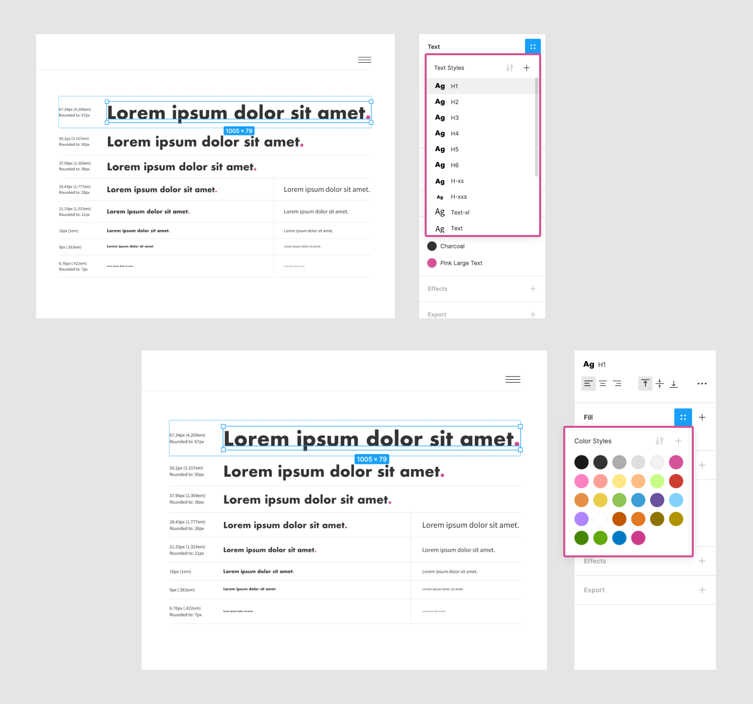 Examples of Text Styles and Color Styles in the design panel of a text element with styles varying from headings to body text. 