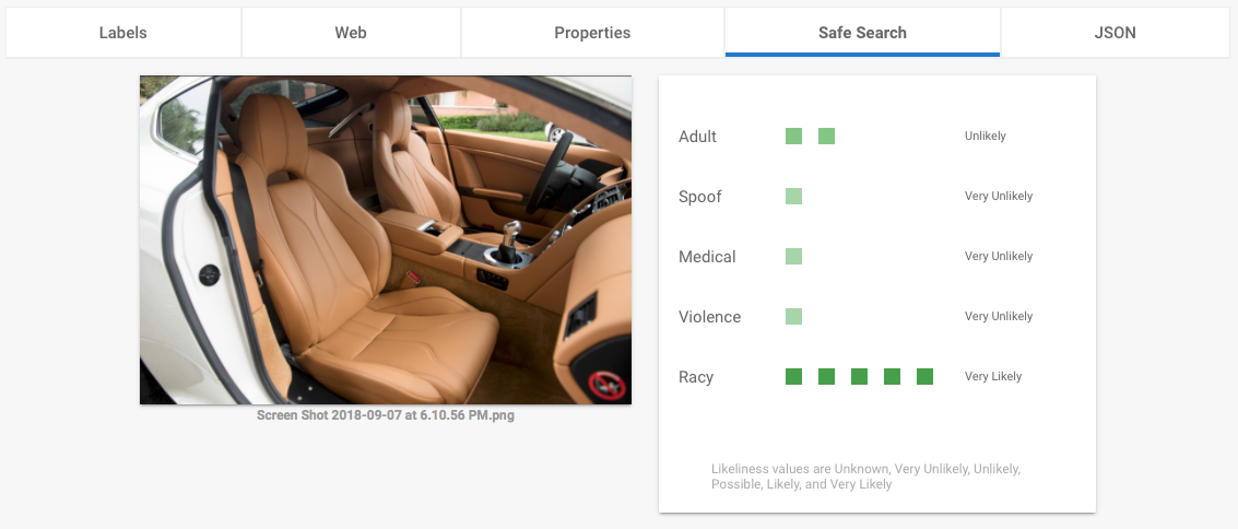 Screenshot of the Safe Search response to a photo of tan leather car seats, which was very likely racy.