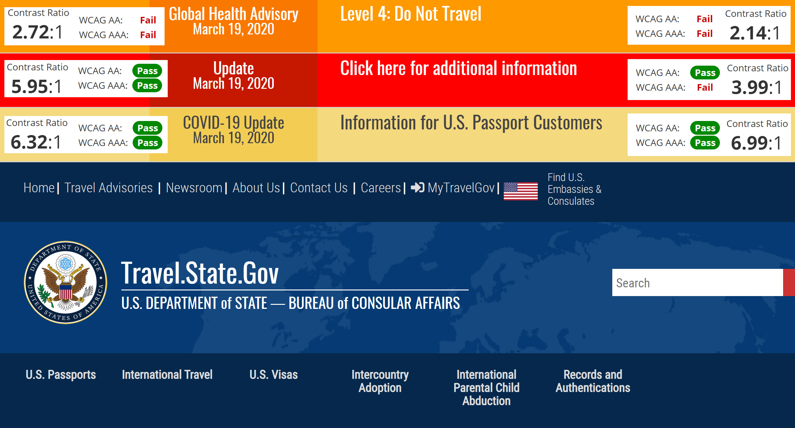 Some color combinations on this government website fail the WCAG accessibility guidelines for color contrast, even when evaluated using the more-permissive standards for large text