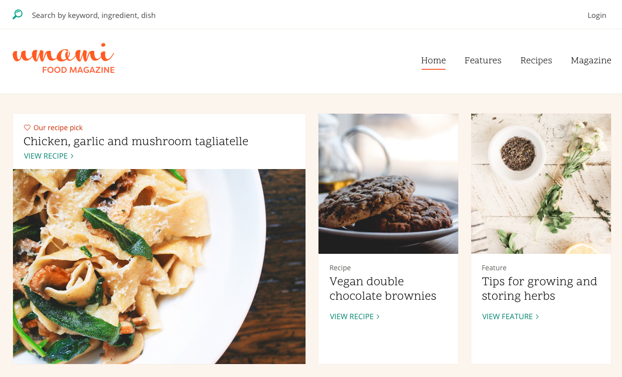 Screenshot of the Umami homepage which displays recipes and photos of food