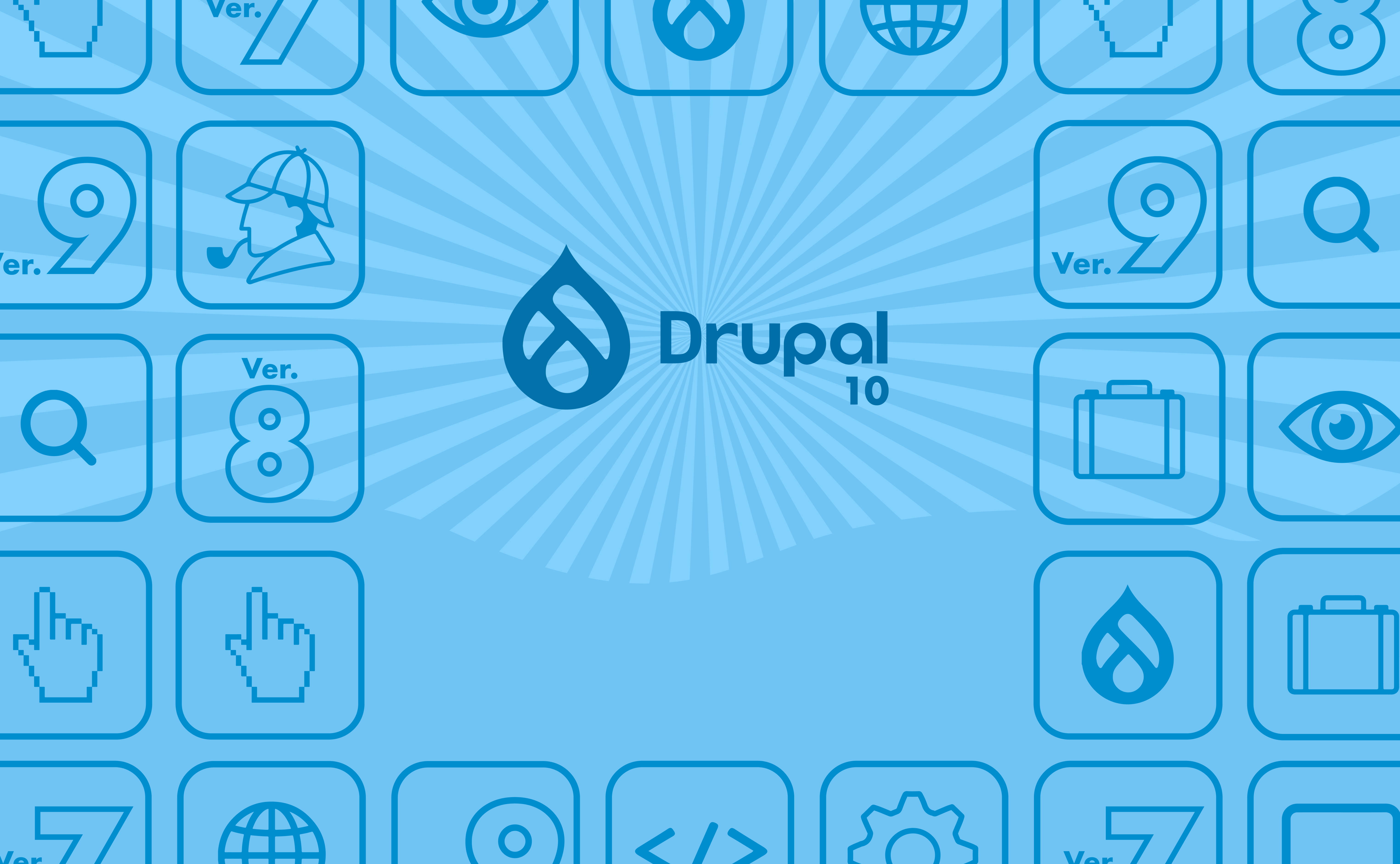 Image of Drupal 10 logo with detective iconography such as a spyglass, suitcase, and detective hat around it with a blue overlay. 