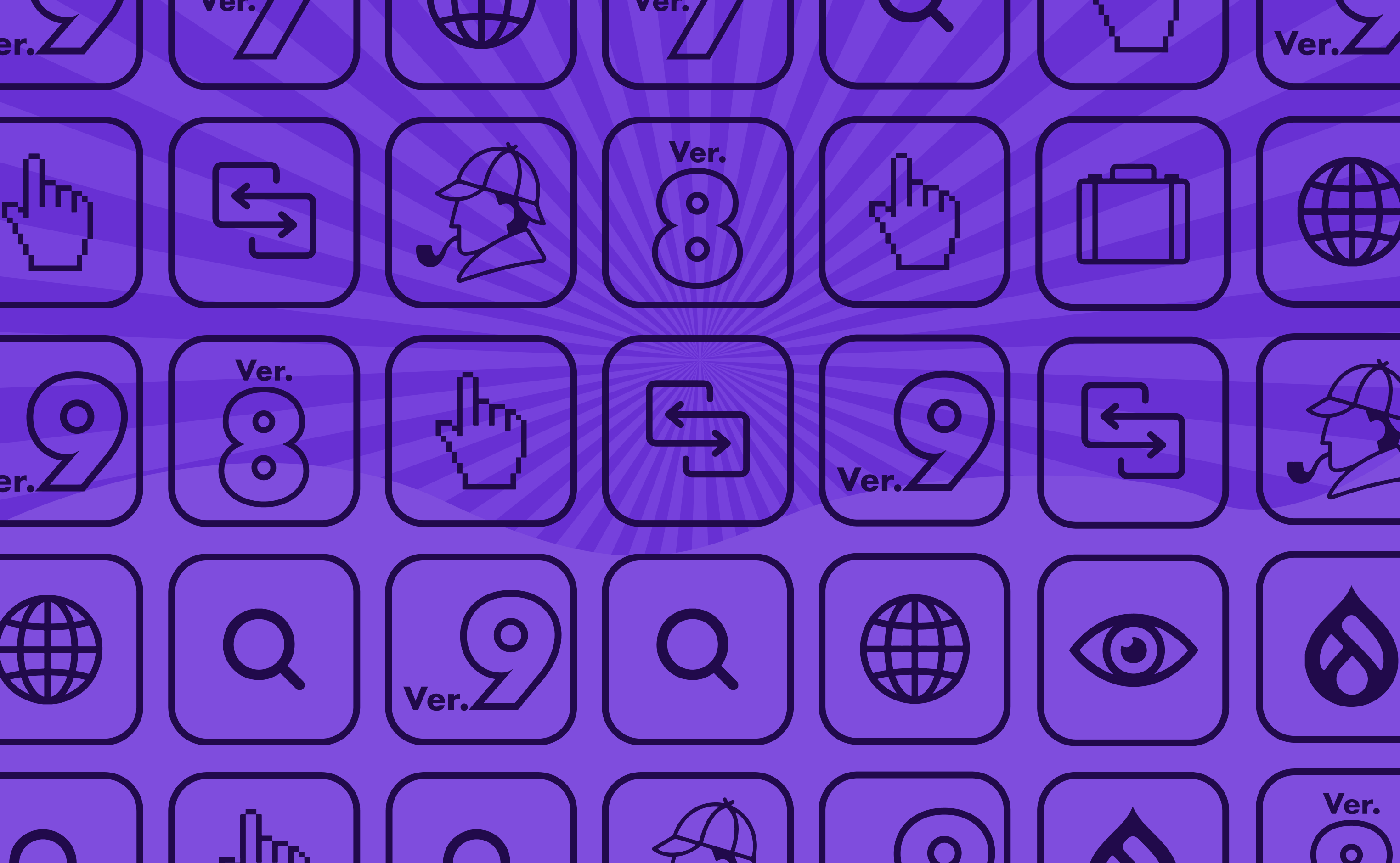 A purple background with icons that have images such as a detective, cursor, suitcase, eye, and the Drupal logo. 
