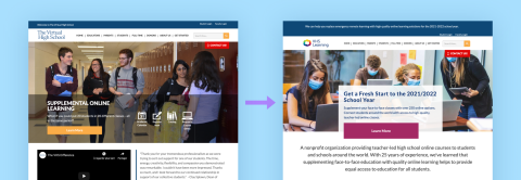 Before and after picture of Virtual High School's website landing page. 
